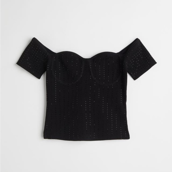 H&M Ribbed Off-the-shoulder Top Sweetheart Neckline Black Top Women’s Size Small - Picture 3 of 10